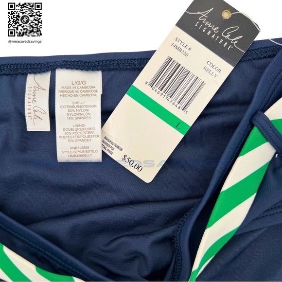 Size Large NWT Navy and Kelly Green Belted Bikini Bottoms by Anne Cole Signature - Picture 6 of 8